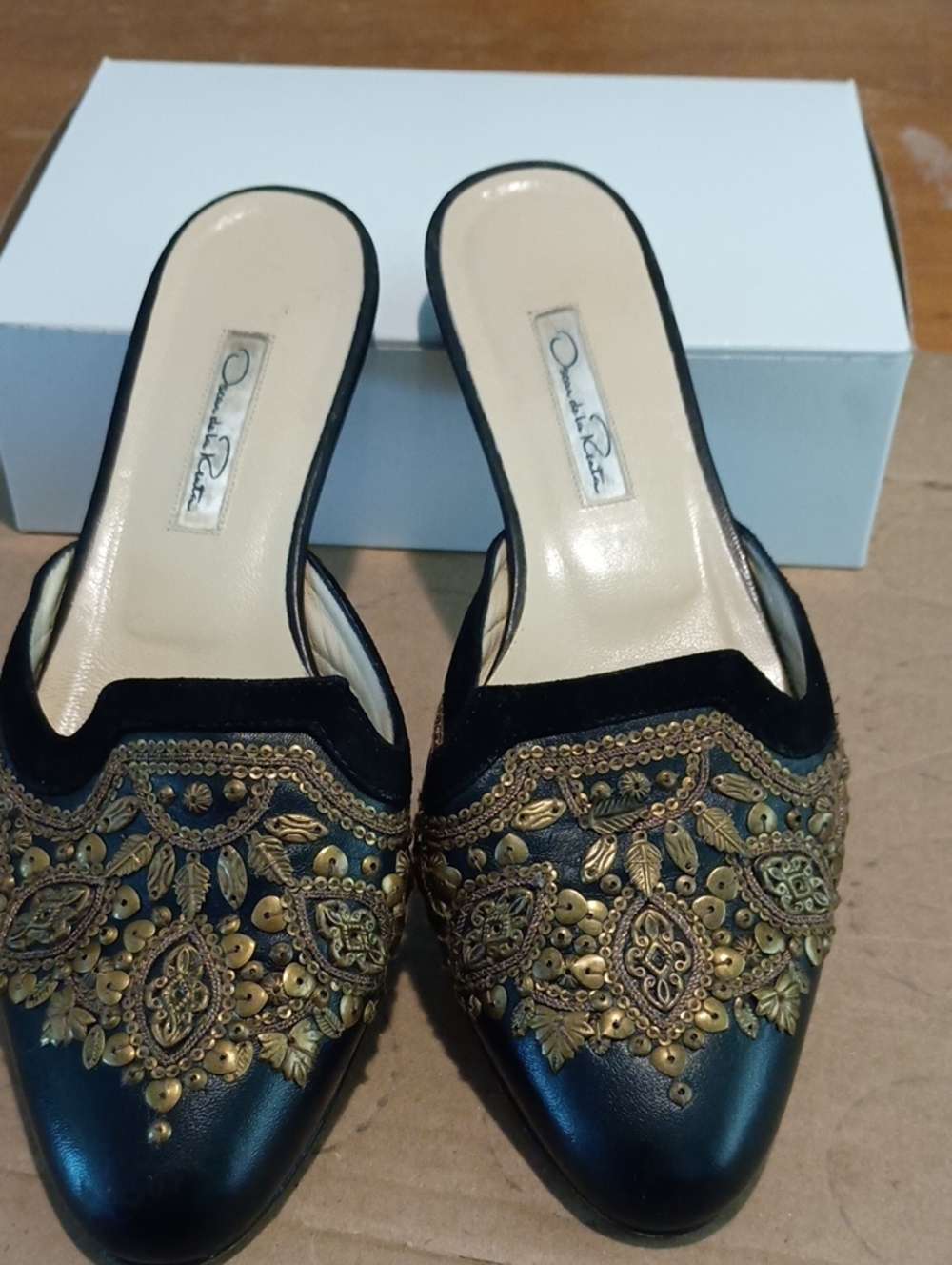 Oscar de la Renta Black Mules with Gold Embellished Detail